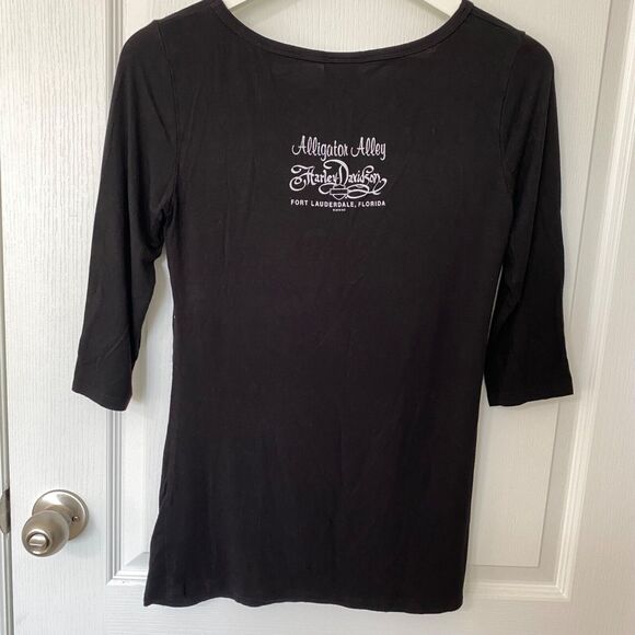 Harley Davidson Wms S Black Washed American Flag Tee Rhinestone Trim Bikercore - Picture 2 of 6